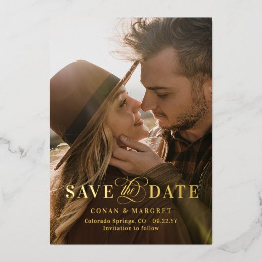 Big Photo Gold Foil Save the Date Folie Uitnodiging (Voorkant)
