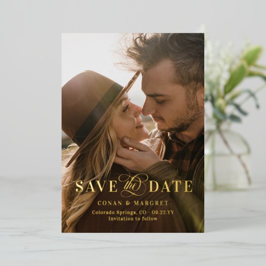Big Photo Gold Foil Save the Date Folie Uitnodiging (Staand Voorkant)