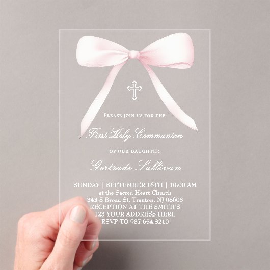 big pink bow | First Communion Acryl Uitnodigingen (Insitu (Draagbaar))