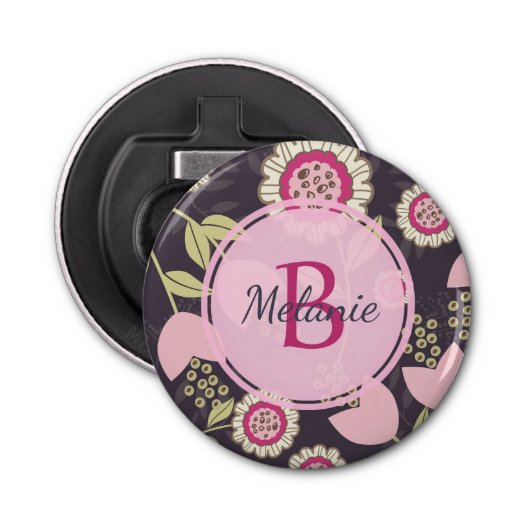 Big Pink Floral Tulip Pattern Monogram Button Flesopener (Voorkant)
