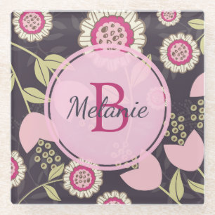 Big Pink Floral Tulip Pattern Monogram Glazen Onderzetter