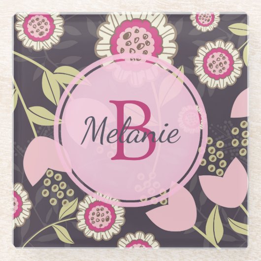 Big Pink Floral Tulip Pattern Monogram Glazen Onderzetter (Voorkant)