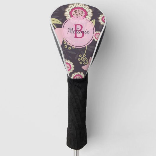 Big Pink Floral Tulip Pattern Monogram Golfheadcover (Voorkant)