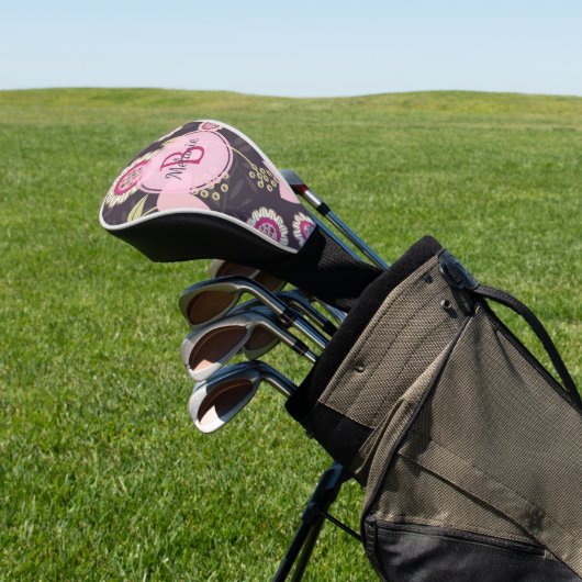 Big Pink Floral Tulip Pattern Monogram Golfheadcover (Insitu)