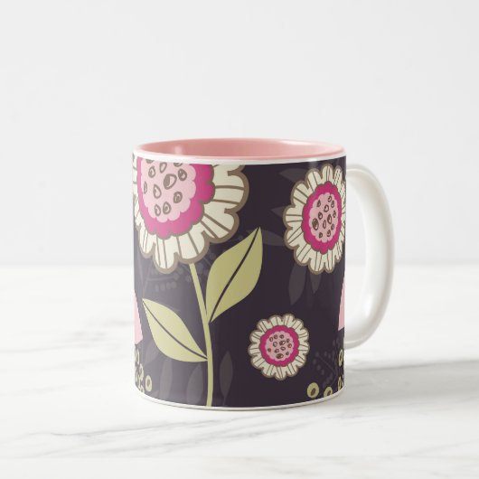Big Pink Floral Tulip Pattern Tweekleurige Koffiemok (Voorkant rechts)