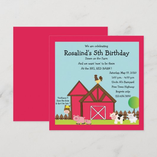 Big Red Barn verjaardagsfeestje uitnodiging (Voorkant / Achterkant)