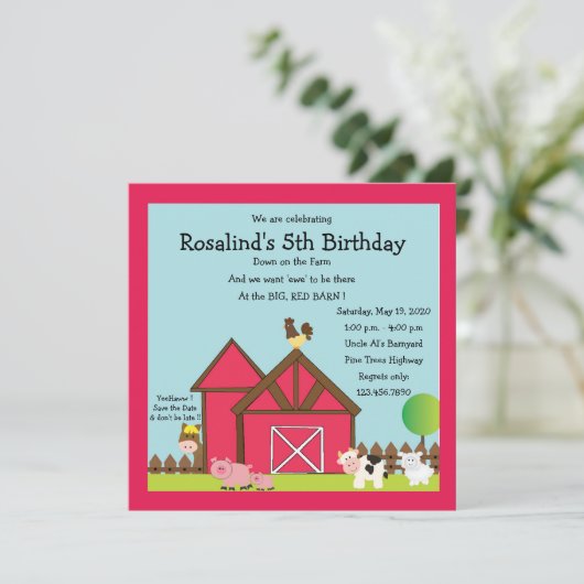 Big Red Barn verjaardagsfeestje uitnodiging (Staand voorkant)