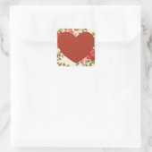 Big Red Heart en Flowers Background Square Sticke Vierkante Sticker (Tas)