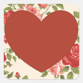 Big Red Heart en Flowers Background Square Sticke Vierkante Sticker