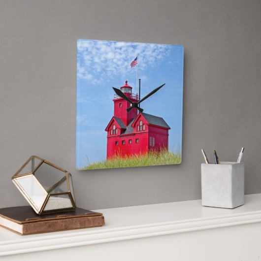 Big Red Michigan Lighthouse Vierkante Klok (Kantoor)