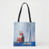 Big Red Michigan vuurtoren en zeilboot schilderen Tote Bag (Voorkant)