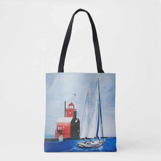 Big Red Michigan vuurtoren en zeilboot schilderen Tote Bag (Voorkant)