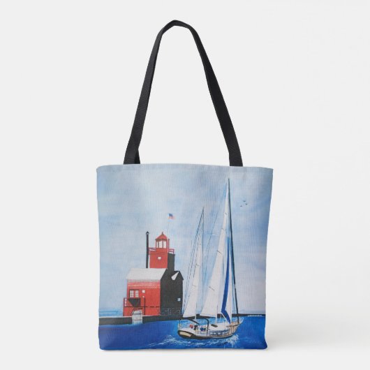Big Red Michigan vuurtoren en zeilboot schilderen Tote Bag (Achterkant)