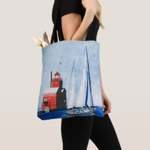 Big Red Michigan vuurtoren en zeilboot schilderen Tote Bag