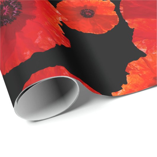 Big Red Poppies op zwart Cadeaupapier (Rol Hoek)