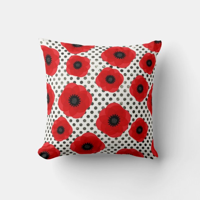 Big Red Poppy Flowers op Black en White Polka Dot Kussen (Voorkant)