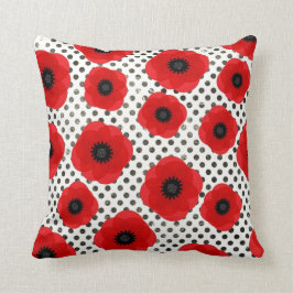 Big Red Poppy Flowers op Black en White Polka Dot Kussen