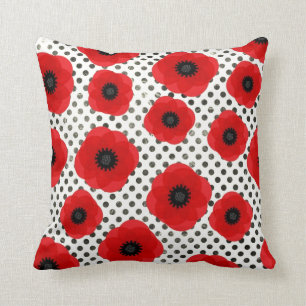 Big Red Poppy Flowers op Black en White Polka Dot Kussen