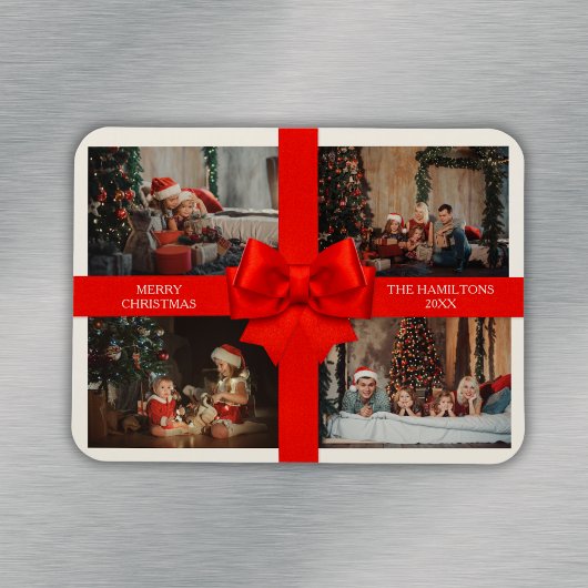 Big Red Ribbon Christmas Custom 4 Photo Decorative Magneet