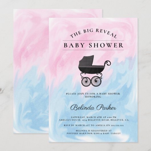 Big Reveal Roze + Blauw Baby shower Kaart (Voorkant / Achterkant)