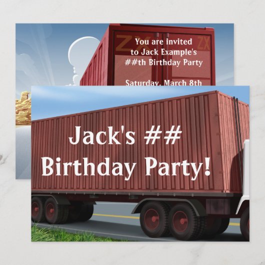 Big Rig Semi Truck Verjaardagsfeest Uitnodigingen (Voorkant / Achterkant)