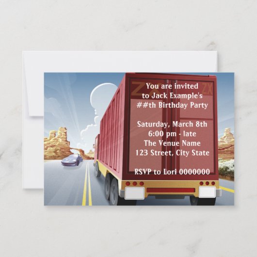 Big Rig Semi Truck Verjaardagsfeest Uitnodigingen (Achterkant)