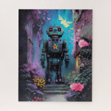 Big Robot in een mystieke Paarse bloemennacht