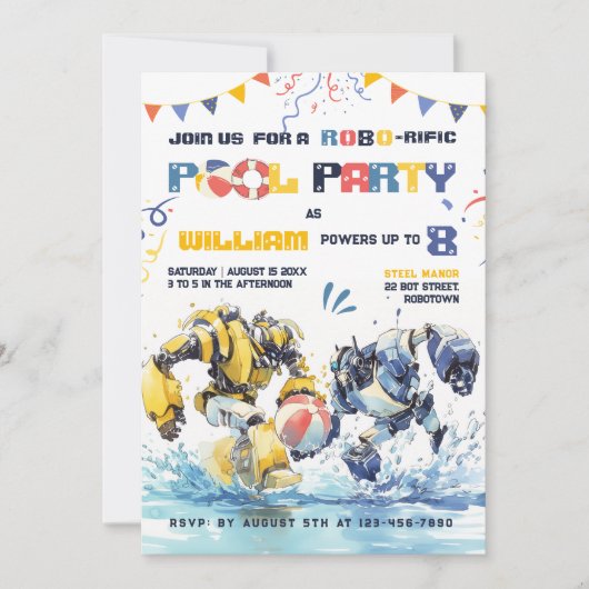 Big Robots Pool Party Uitnodiging Verjaardag (Voorkant)