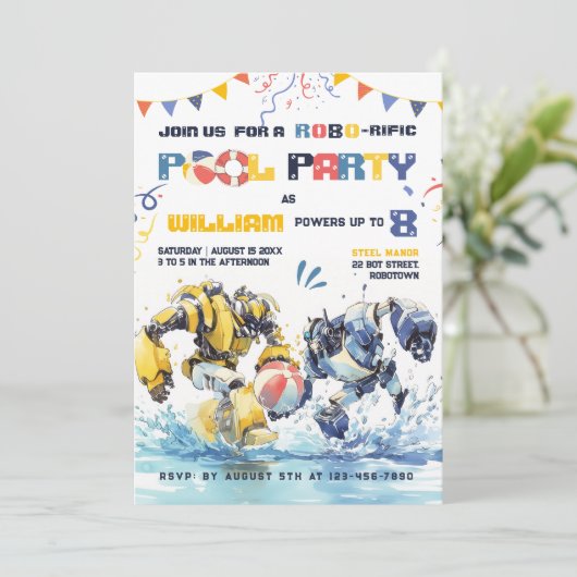 Big Robots Pool Party Uitnodiging Verjaardag (Staand voorkant)