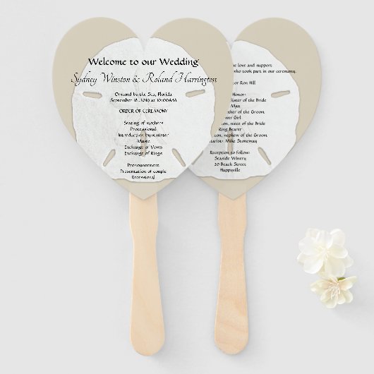 Big Sand Dollars Heart-Shaped Wedding Fan Program Handwaaier (Voorkant en achterkant)