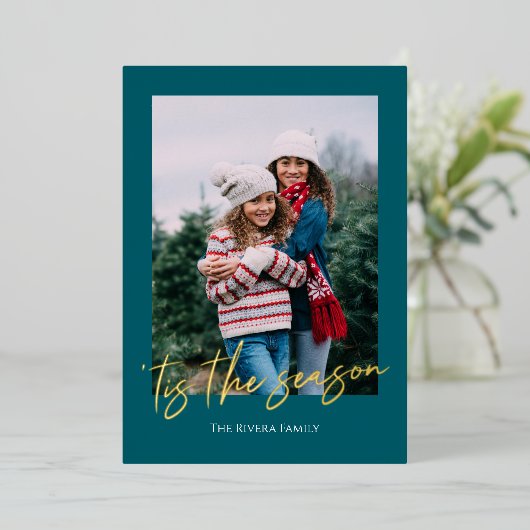 Big Script Foil Single Photo Holiday Card Folie Feestdagenkaart (Staand Voorkant)