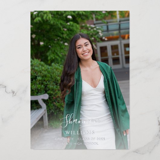 Big Script Name Photo Afstudeerder Party Vertical Folie Uitnodiging (Voorkant)