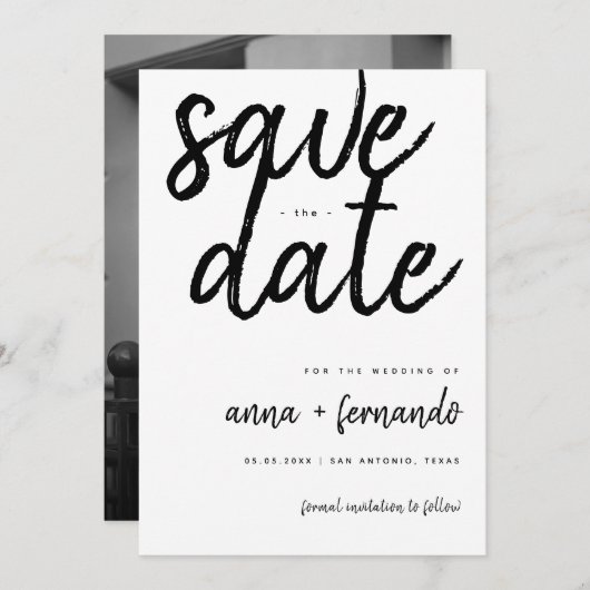 Big Script Zwart-wit bruiloft Save the Date Kaart (Voorkant / Achterkant)