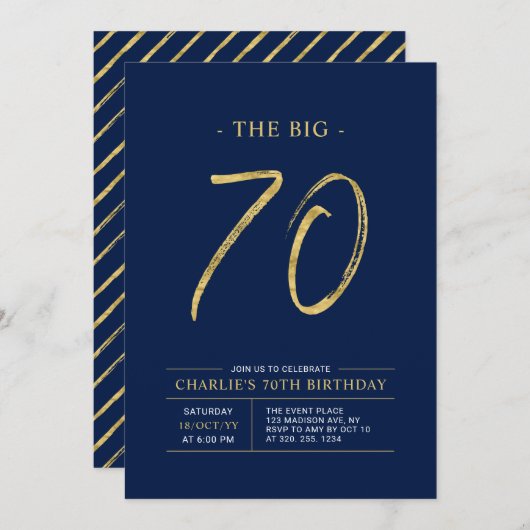 Big Seventy | Goud & Navy Blue 70e verjaardagsfees Kaart (Voorkant / Achterkant)