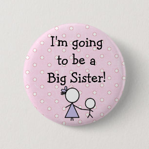 "Big Sister" Button, roze met witte poka stippen. Ronde Button 5,7 Cm