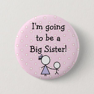 "Big Sister" Button, roze met witte stippen. Ronde Button 5,7 Cm