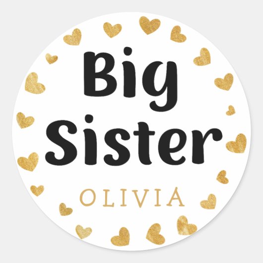 Big Sister Custom Naam met gouden harten Ronde Sticker (Voorkant)