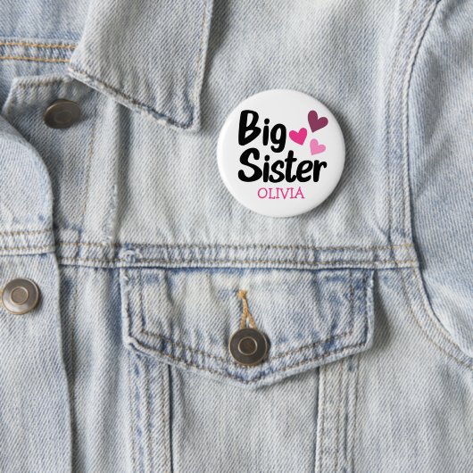 Big Sister Custom Naam met roze harten Ronde Button 5,7 Cm (In situ)