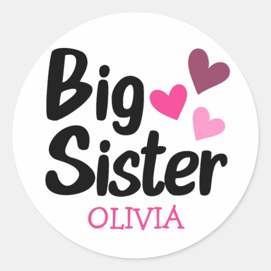 Big Sister Custom Naam met roze harten Ronde Sticker (Voorkant)