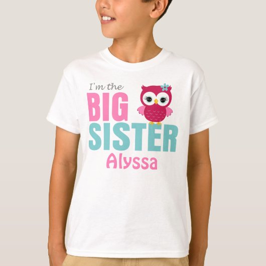 Big Sister Owl Pink Blauwgroen, aangepast shirt (Voorkant)
