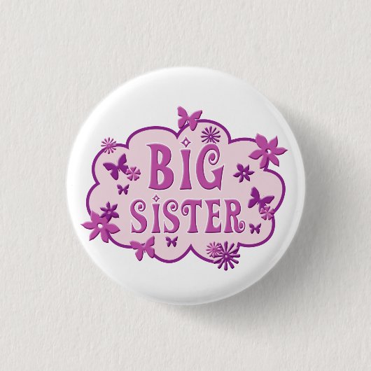 Big Sister Pink Flower Butterfly Button (Voorkant)
