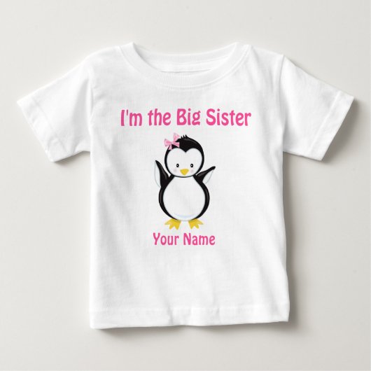 Big Sister Pink Penguin gepersonaliseerd T-Shirt (Voorkant)