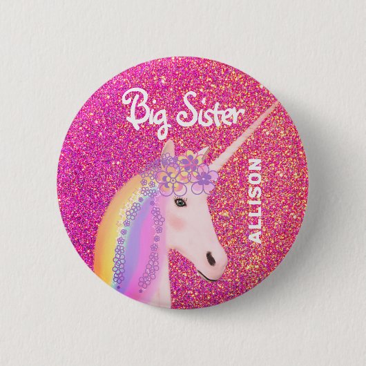 Big Sister Unicorn Pink Glitter - Aangepast Ronde Button 5,7 Cm (Voorkant)