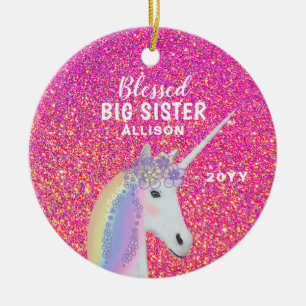 Big Sister Unicorn Pink Glitter Monogram zonder bl Keramisch Ornament