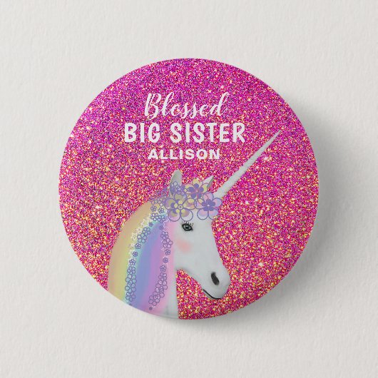 Big Sister Unicorn Pink Glitter Naam Ronde Button 5,7 Cm (Voorkant)