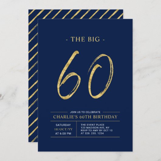 Big Sixty | Goud & Navy Blue 60ste verjaardagsfees Kaart (Voorkant / Achterkant)