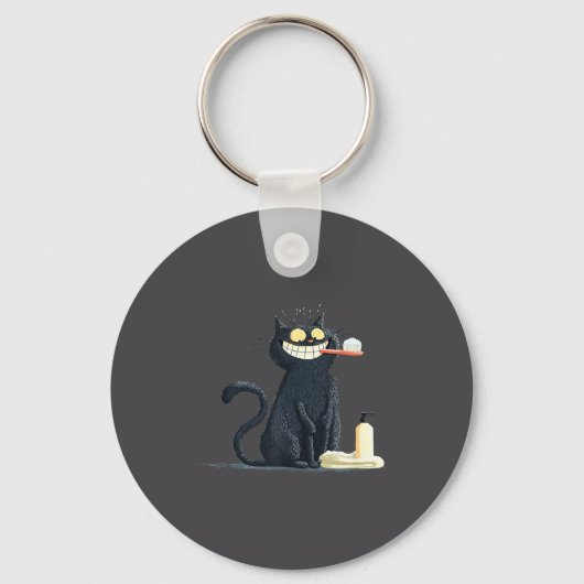 Big Smiling Cat With Toothbrush For Teeth Brushing Sleutelhanger (Voorkant)
