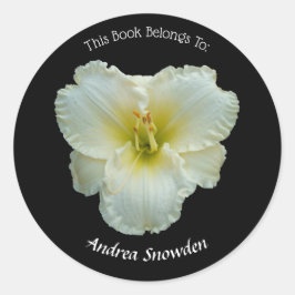 'Big Snowbird' Witte Daglelie op Zwarte Bookplaat Ronde Sticker