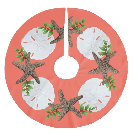 Big Starfish Sand Dollars Holly laat koraalroze Kerstboom Rok (Voorkant)
