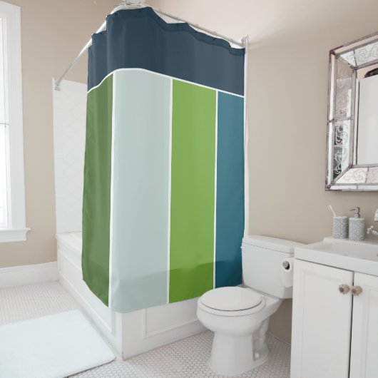 Big Stripes in blauw en groen met Monogram Douchegordijn (In situ)